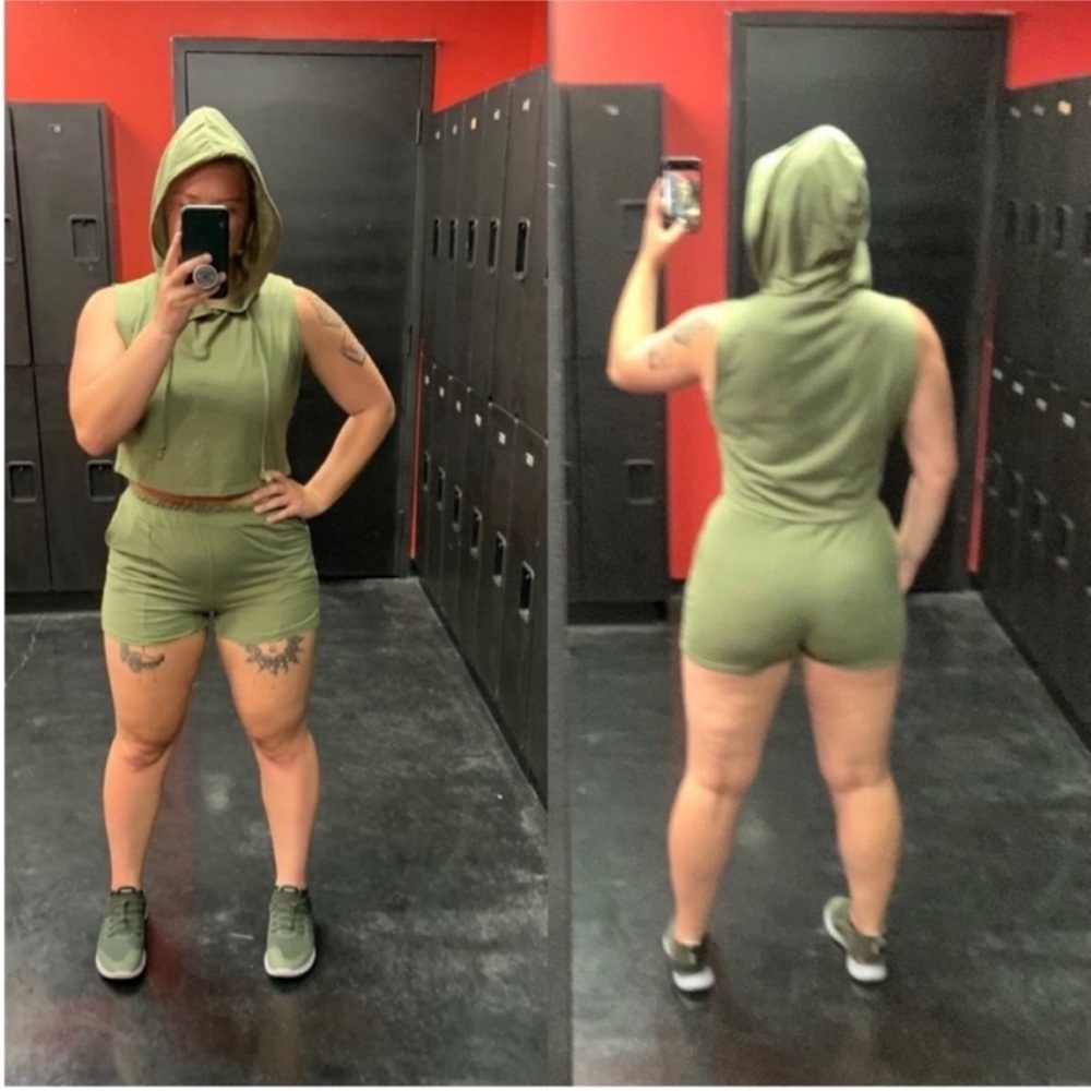 NWOT 6 Green hooded crop top vest and shorts with pockets workout lounge set - Picture 3 of 14